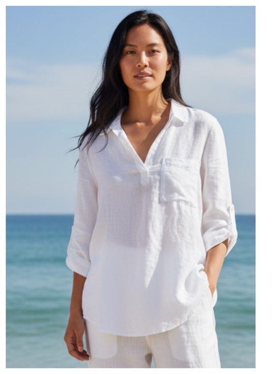 Saint Tropez West Tops - Saint Tropez West Top Tunic Shirt Sz Small LINEN Blend White Coastal Beach